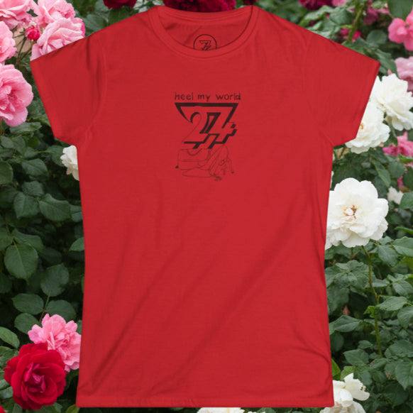 Red graphic tee for women with "heel my world" quote, handbag, and high heels outline design, stylish and perfect gift idea.