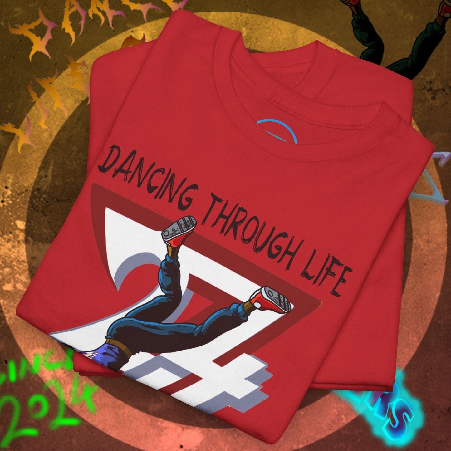 Red groovy hip-hop dance tee with comic-style "Dancing Through Life" graphic and urban streetwear vibe