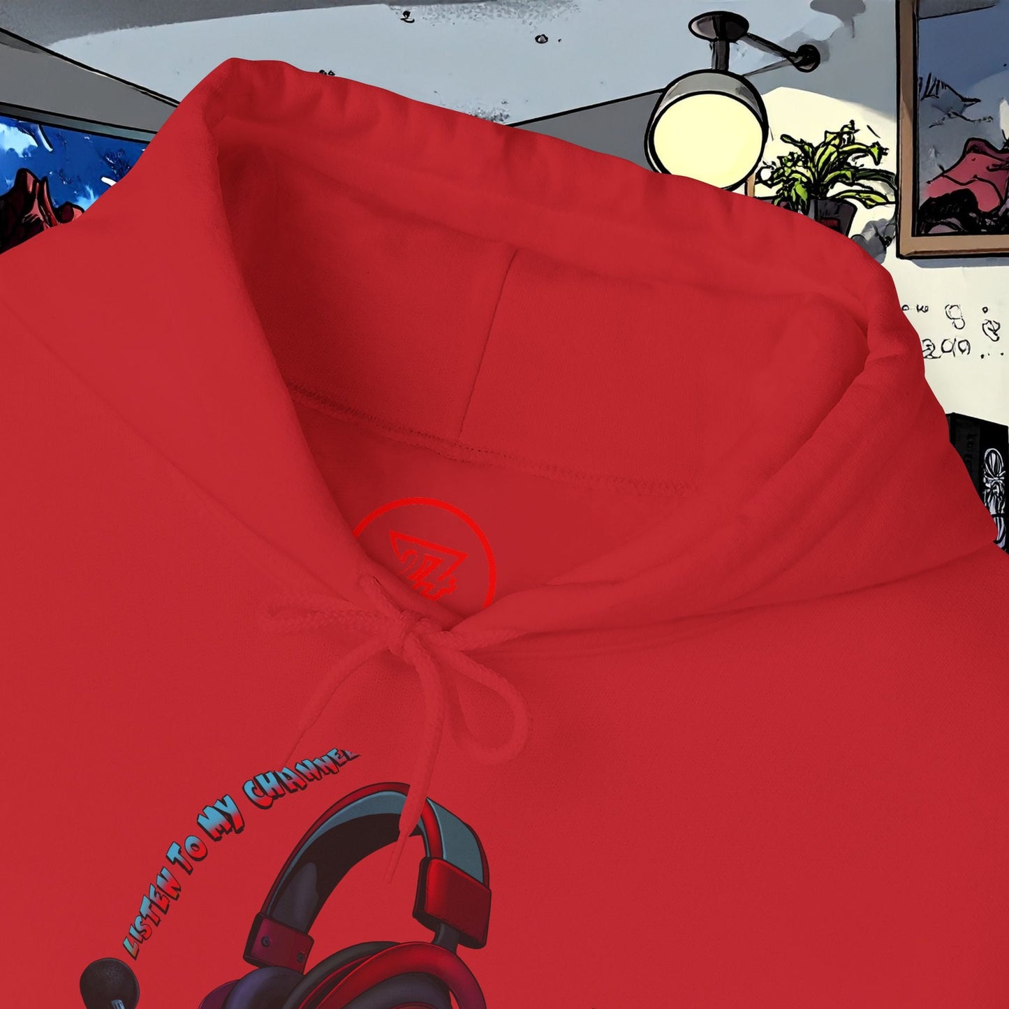Red headset hoodie with adjustable drawstring hood and printed headphone design on front