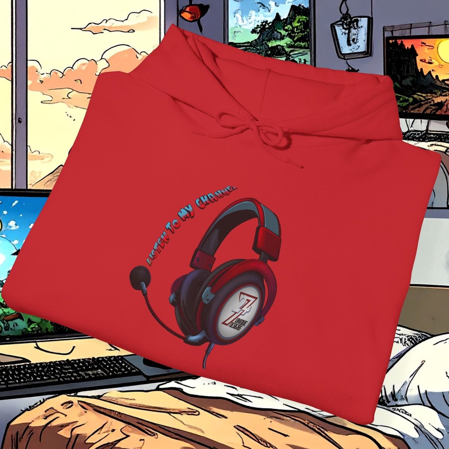Red headset hoodie with headphone graphic, cozy unisex sweatshirt for gamers and YouTubers