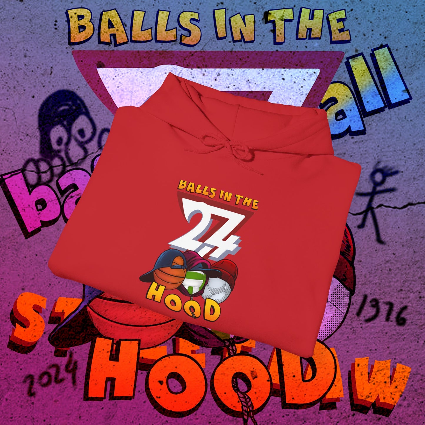 Red printed hoodie with "Balls in the Hood" graphic featuring sports balls for urban streetwear and ballgames.