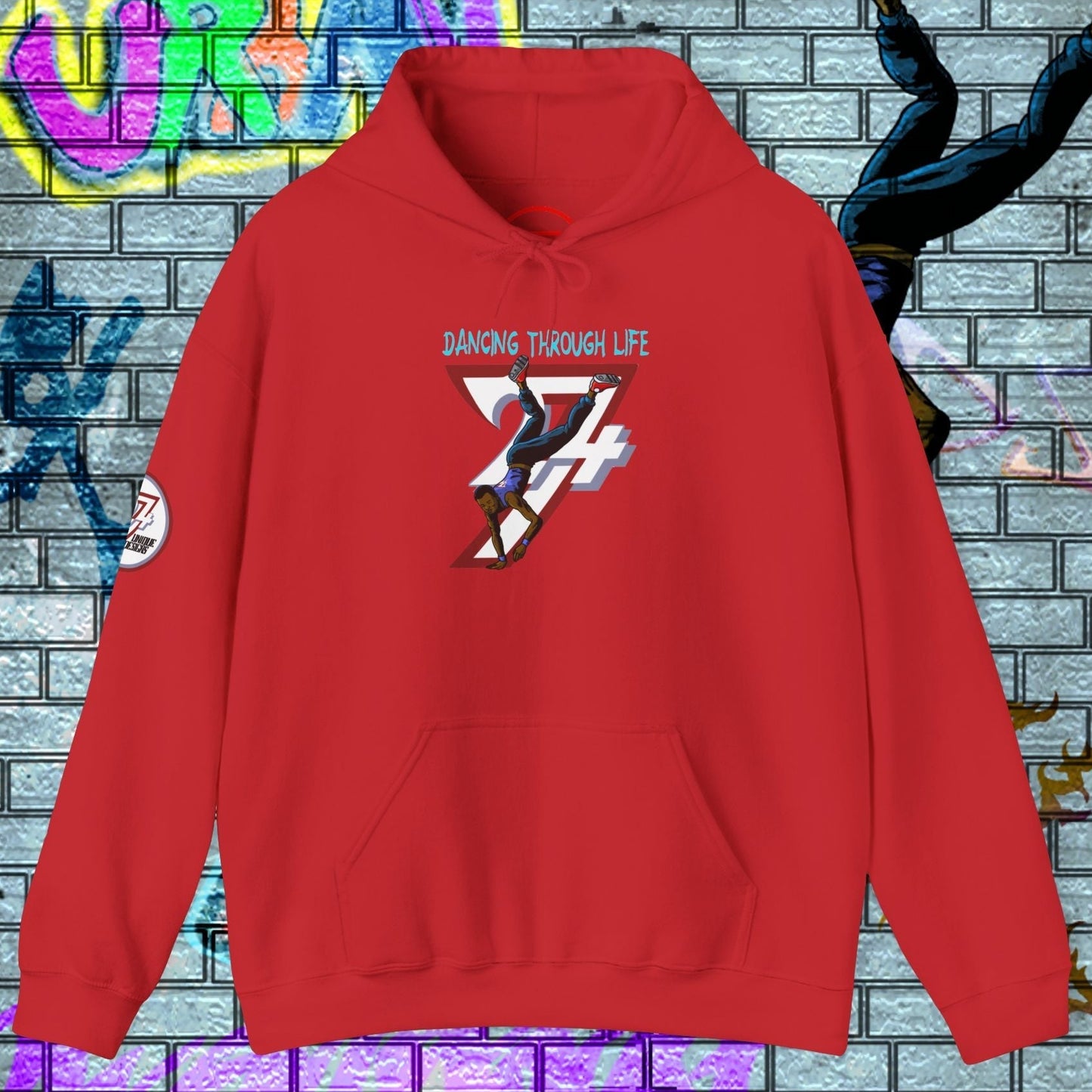 Red street dance hoodie for men with hand-drawn dancer design, kangaroo pocket, and adjustable hood.