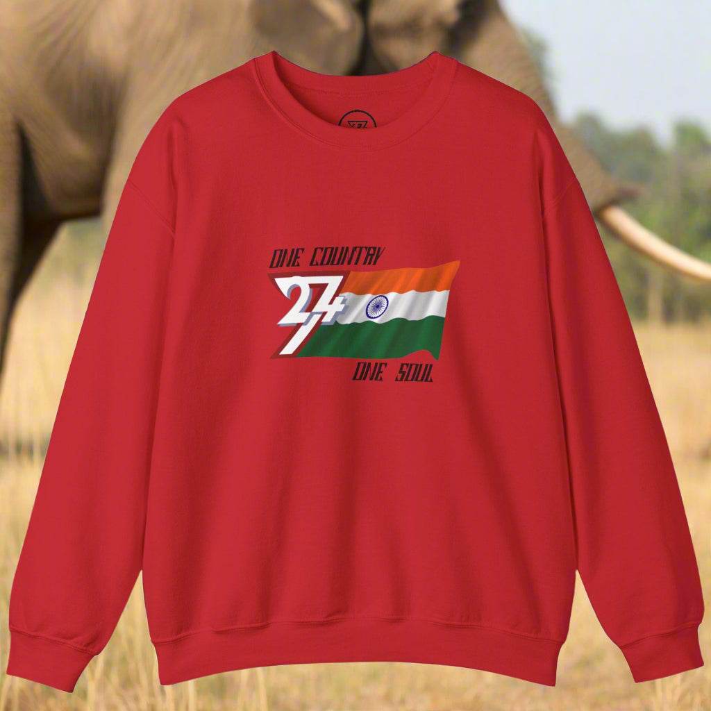 Red sweatshirt featuring India flag design with "One country one soul" slogan on chest