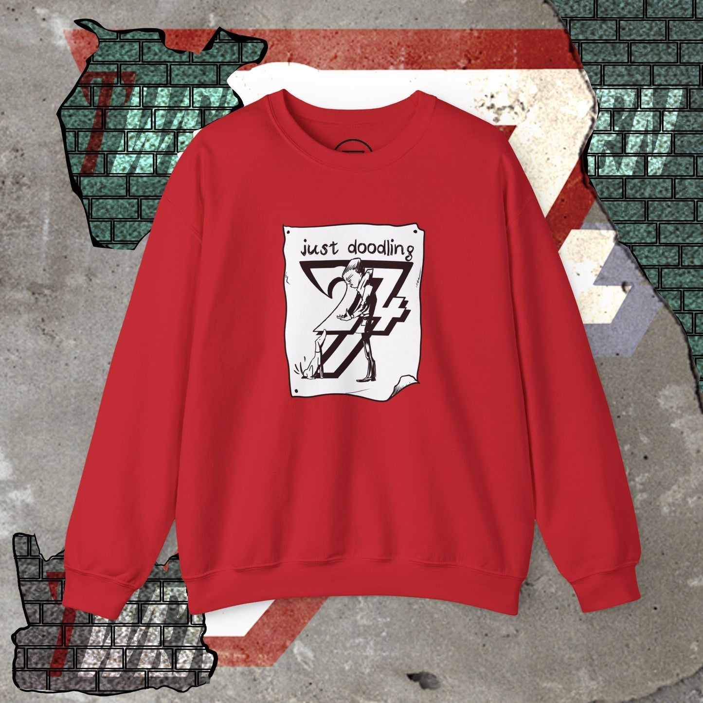 Red sweatshirt with hand-drawn caricature dog illustration and "just doodling 27" text on front, casual streetwear style