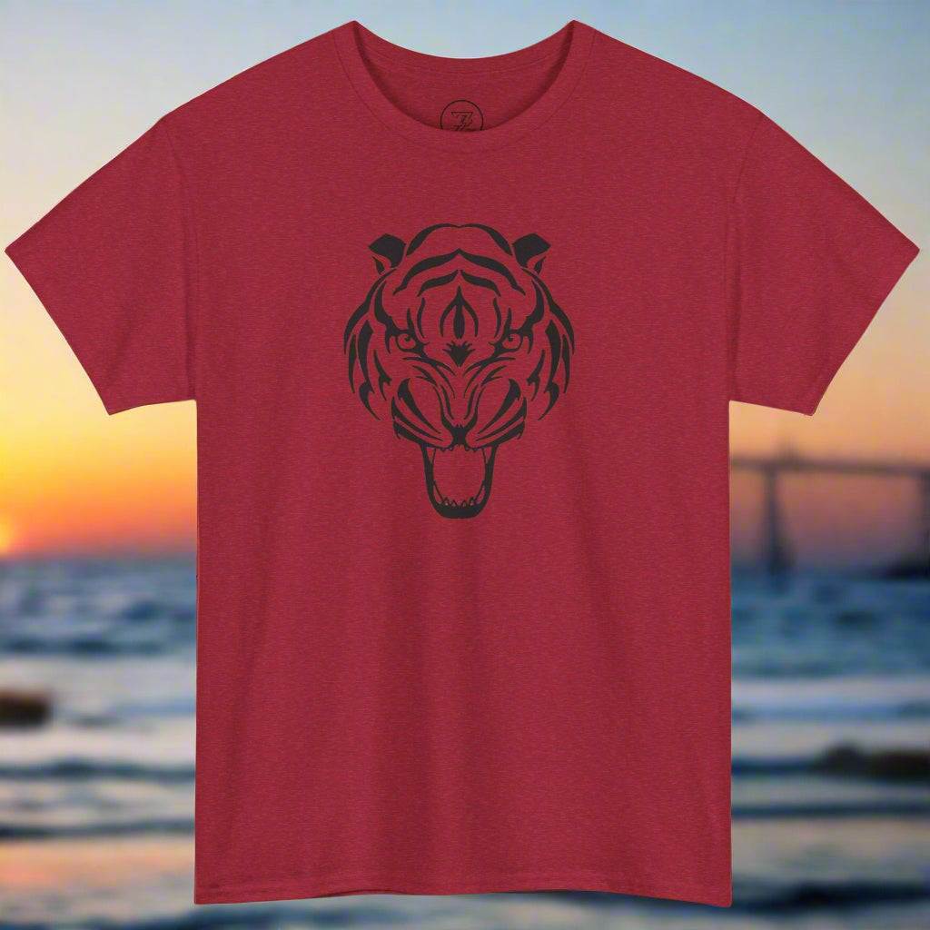 Red unisex cotton t-shirt with black tiger head design on front, martial arts inspired tiger design on t-shirt.