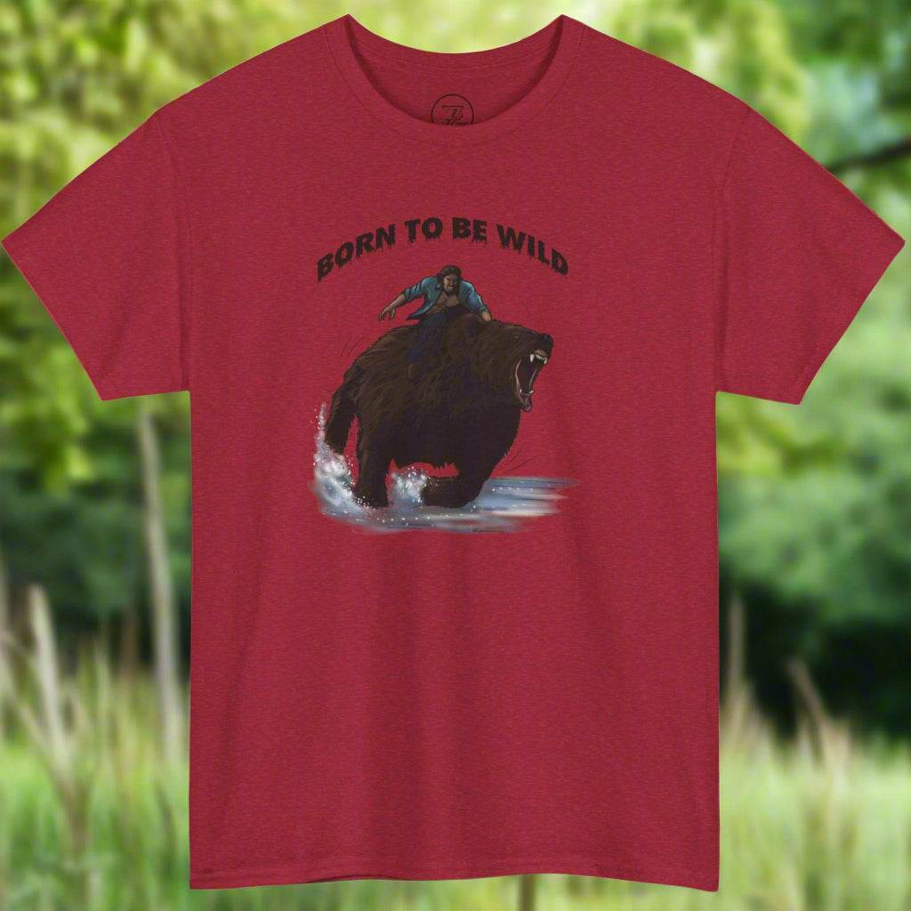 Red vintage style t-shirt featuring a colorful comic design of a person riding a roaring bear with the text "Born to Be Wild" above.
