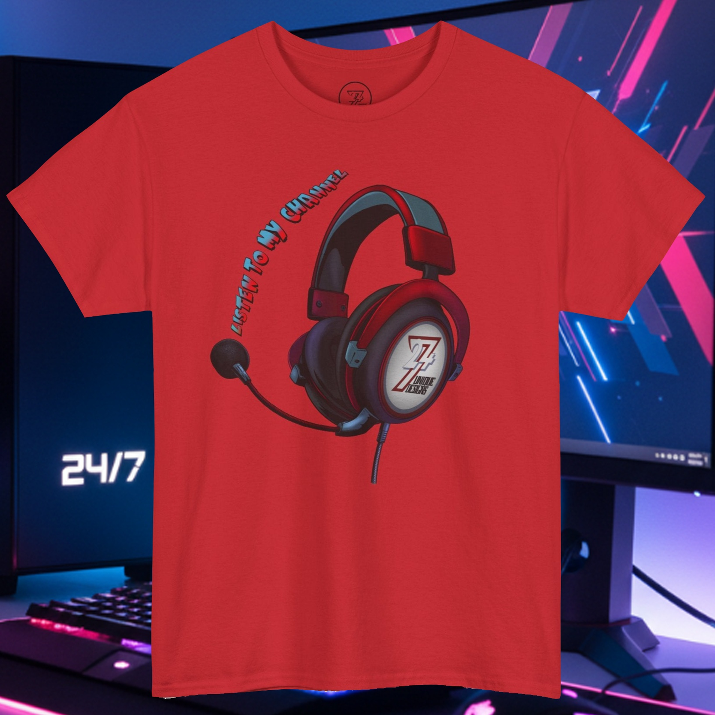 Red custom t-shirt with headphone design and "Listen To My Channel" slogan for digital content creators
