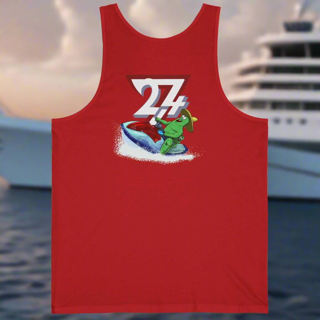 Red unisex beach tank top with a funny cartoon cactus design riding a jet ski and the number 274 on the back.