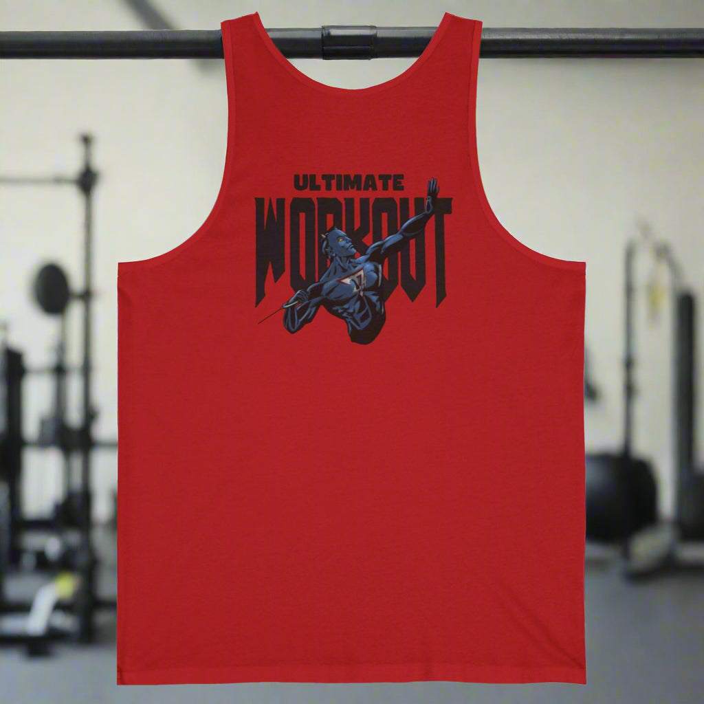 Red unisex workout jersey tank top with "Ultimate Workout" graphic and athletic figure design, lightweight cotton gym wear.