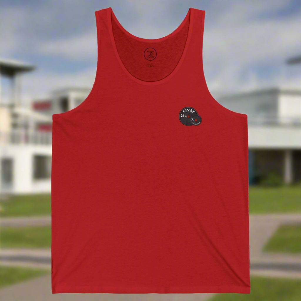 Red unisex workout jersey tank top with small gym-weight logo on chest, perfect for fitness and casual summer wear