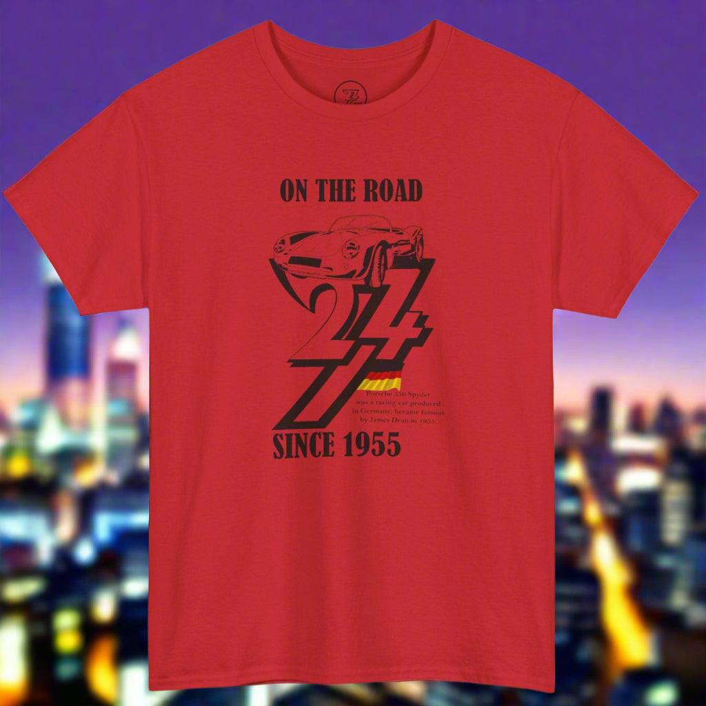 Red vintage Porsche tee with black 1955 car illustration and "On The Road Since 1955" text design