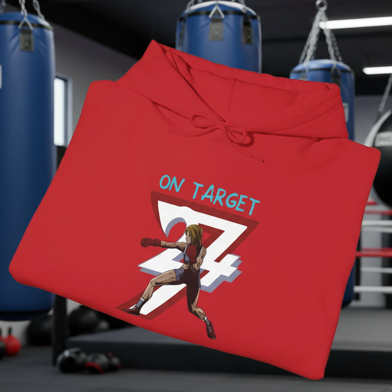 Red women's boxing hoodie with feminine boxer illustration and "On Target" text, streetwear and sportswear for outdoor training