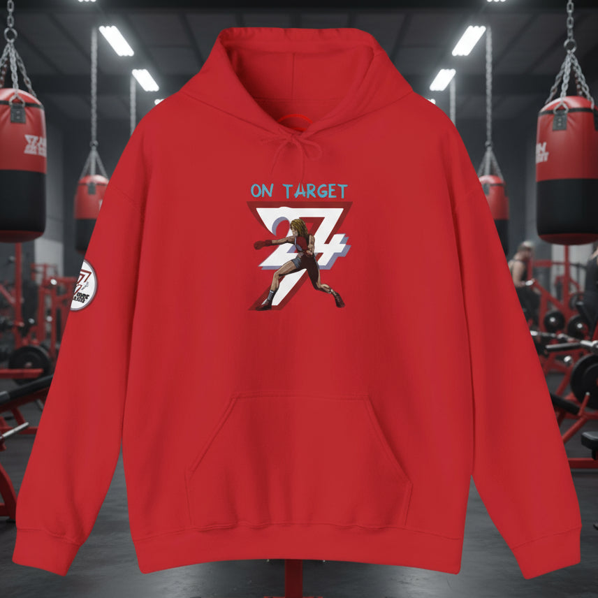 Red women's boxing hoodie with feminine boxer illustration and adjustable hood for outdoor training and streetwear