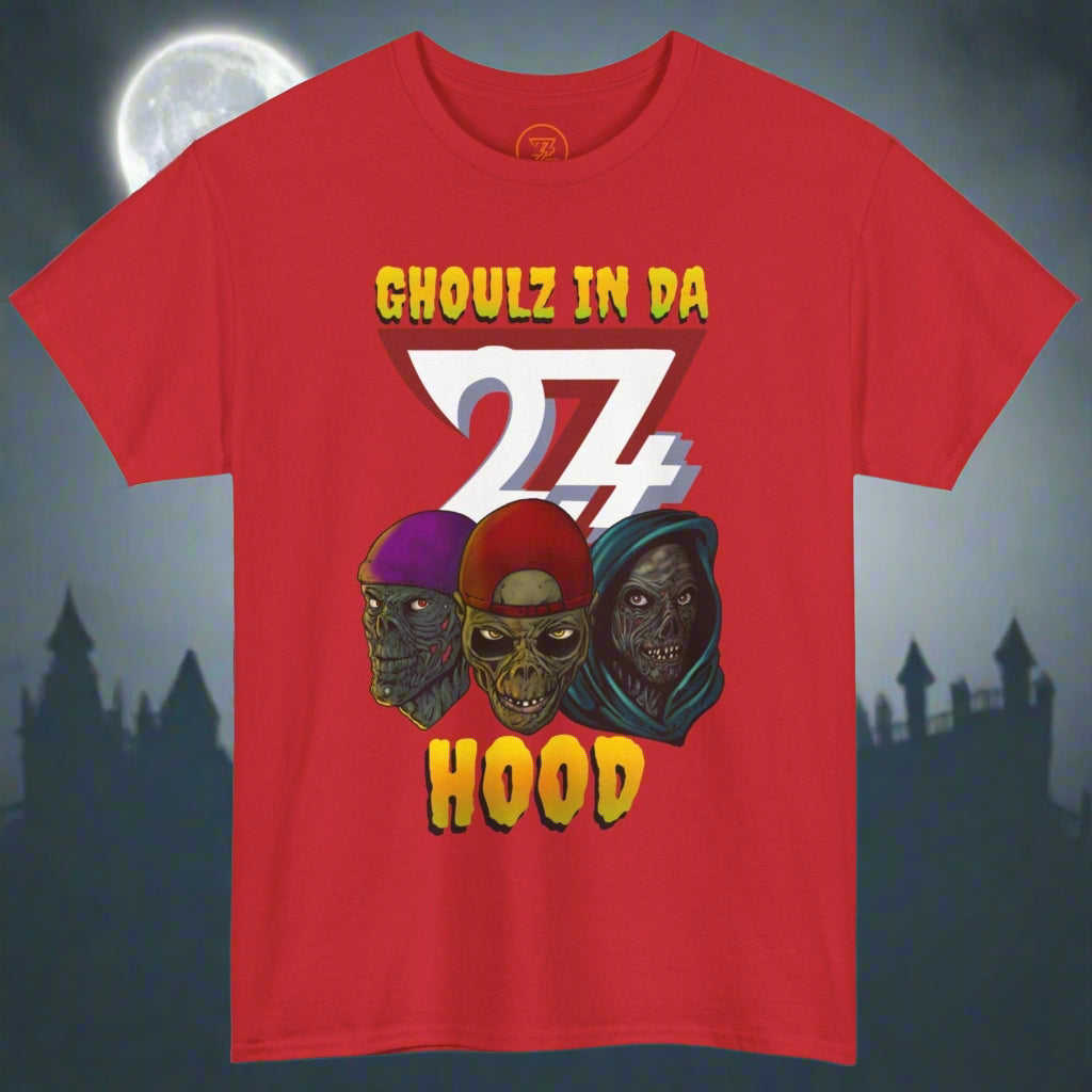 Red zombie tee with ghouls in hoodies graphic and "Ghoulz in Da Hood" text.