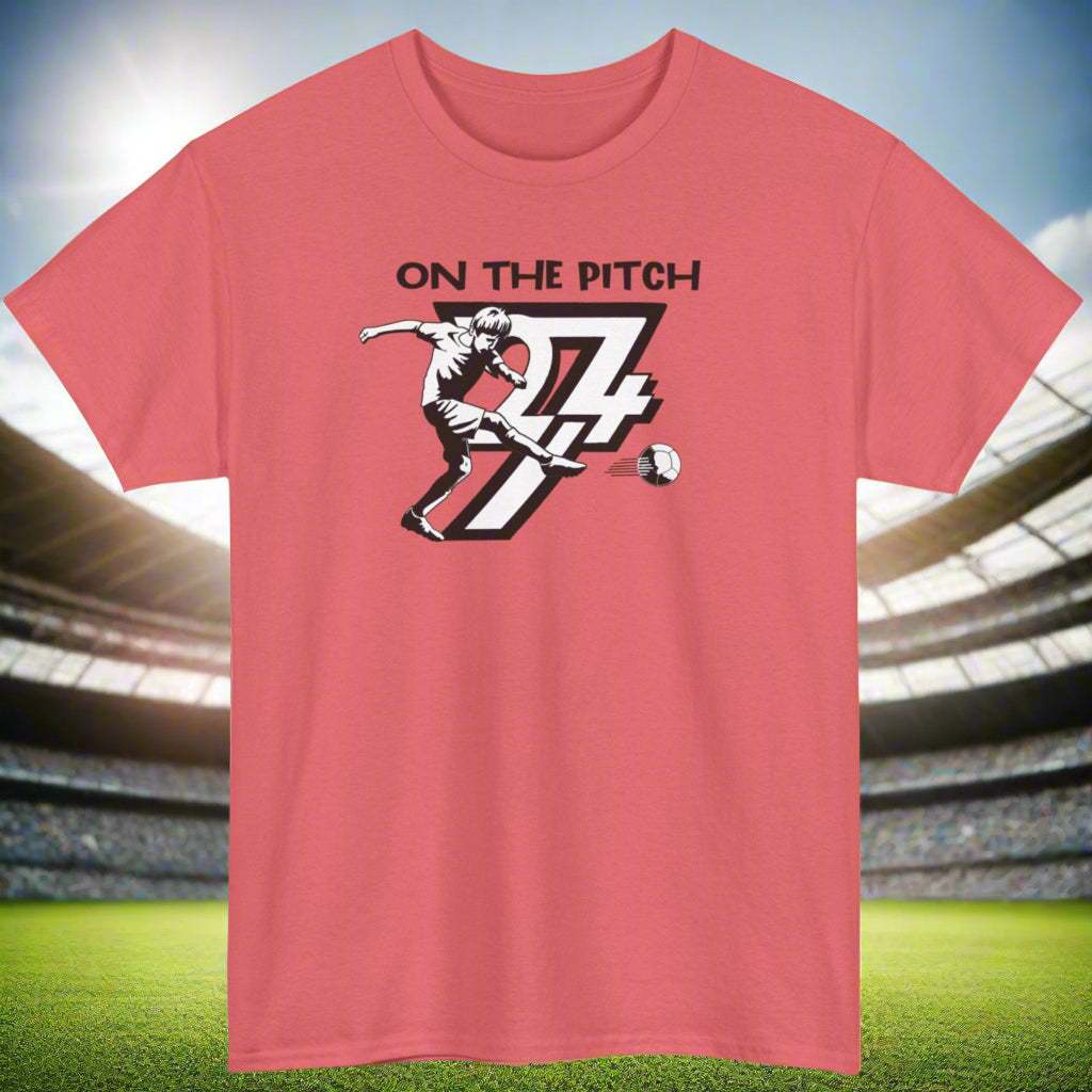 Soccer Player on shirt football player tee by 24/7 Unique Designs coral silk