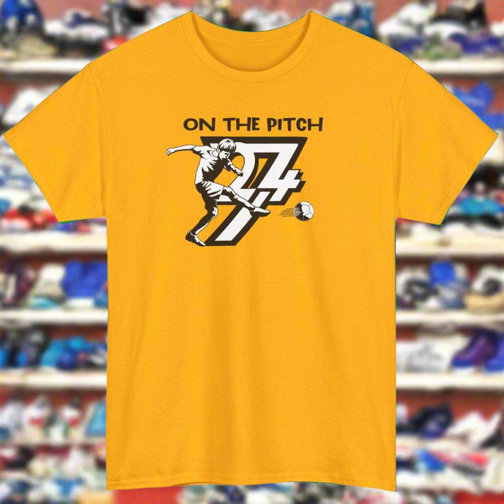 Soccer Player on shirt football player tee by 24/7 Unique Designs gold
