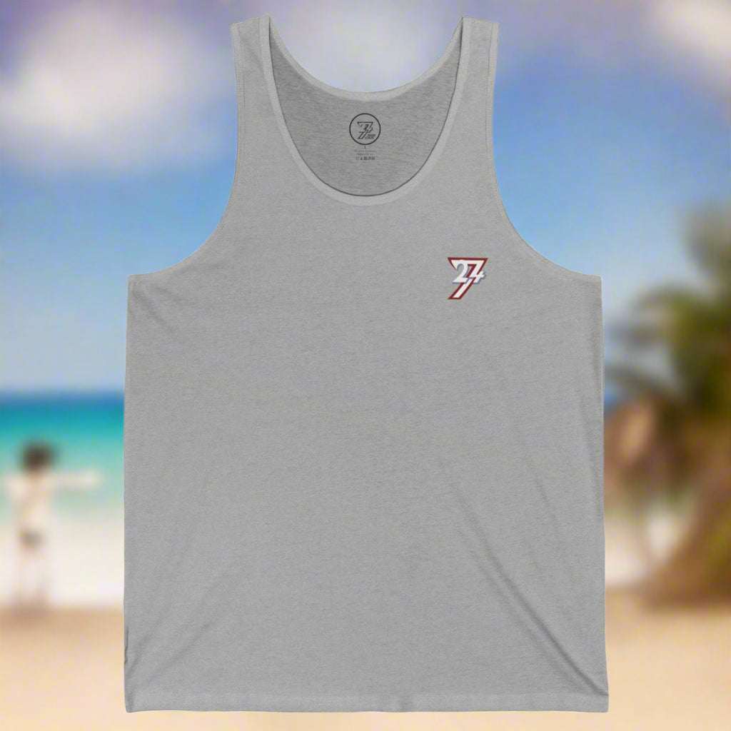 Light gray workout tank top with small front logo, breathable fabric, and casual fit for gym and outdoor activities
