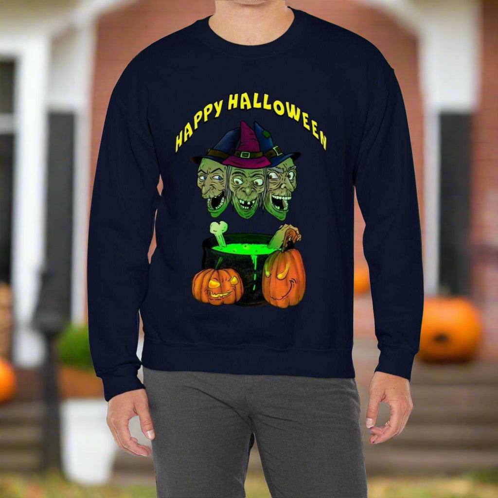 Halloween sweatshirt with three green witches' heads, cauldron, and pumpkins, "Happy Halloween" text, spooky design on black fabric.
