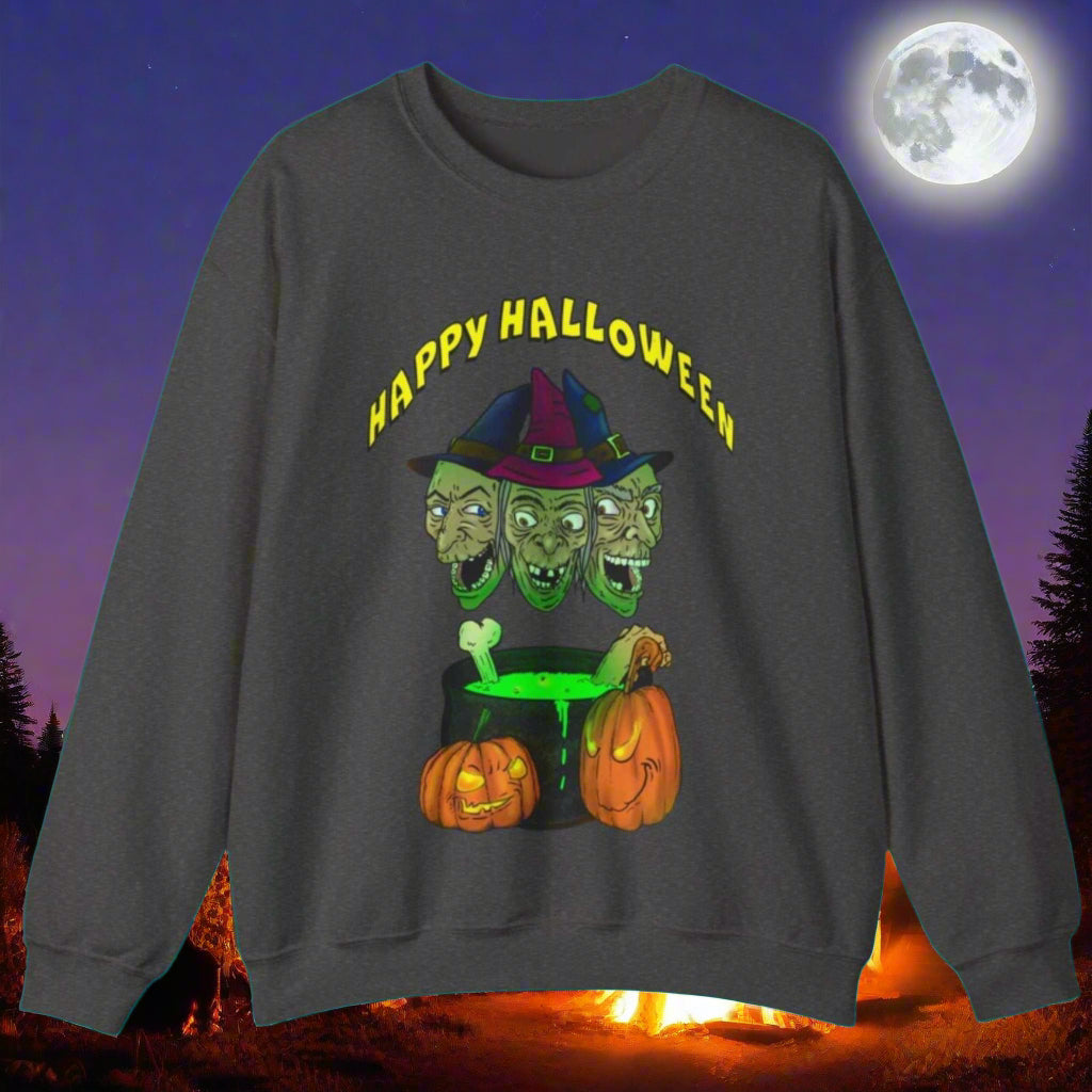 Halloween sweatshirt with three witches' heads, pumpkins, and a cauldron design, "Happy Halloween" text, dark gray crewneck style.