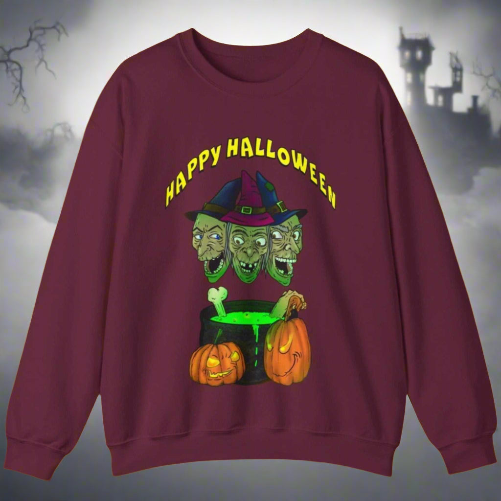 Halloween sweatshirt with witches, skulls, pumpkins, and green potion design on maroon background