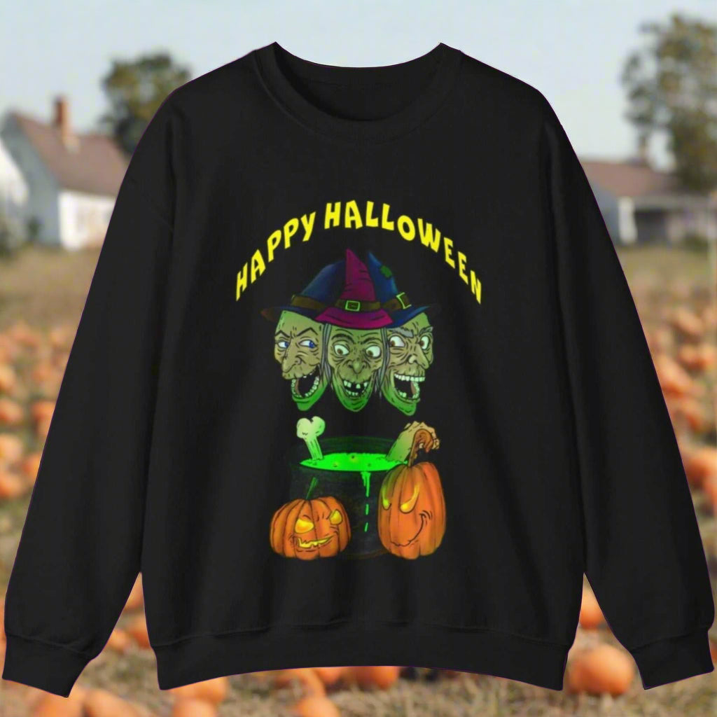 Black Halloween sweatshirt with three witch heads, bubbling cauldron, and pumpkins graphic with "Happy Halloween" text