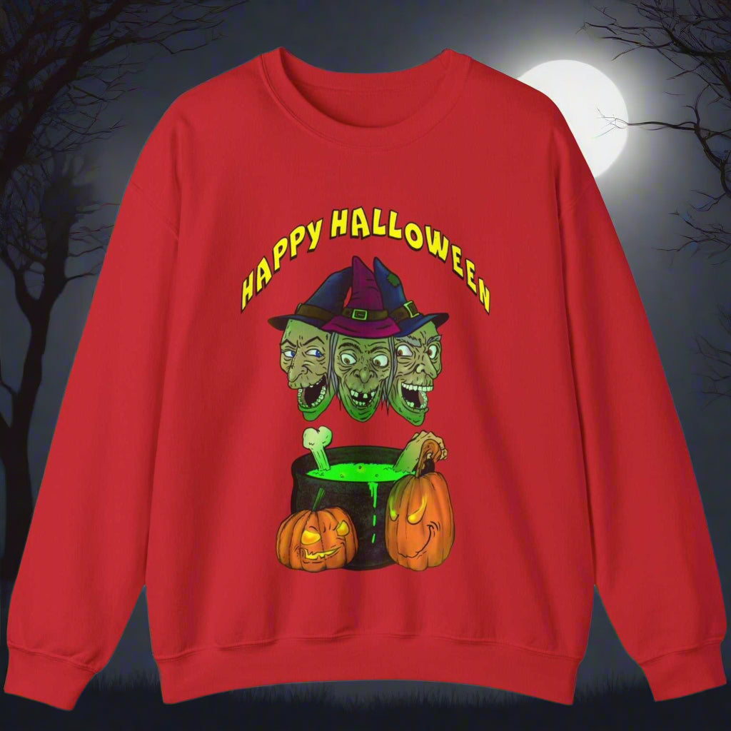 Red Halloween sweatshirt with three witches' heads, bubbling cauldron, pumpkins, and "Happy Halloween" text design