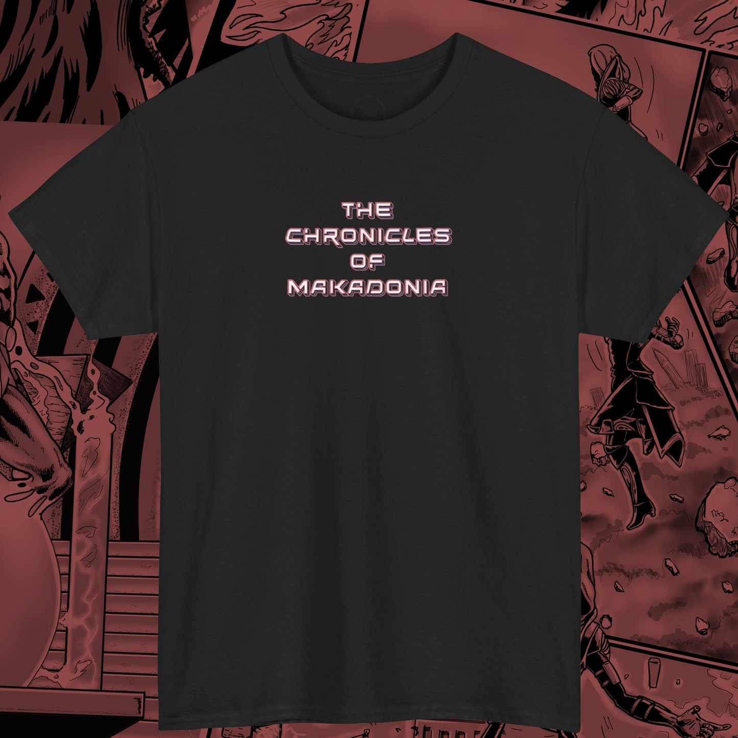 The Chronicles of Makadonia black Comic Tee front view