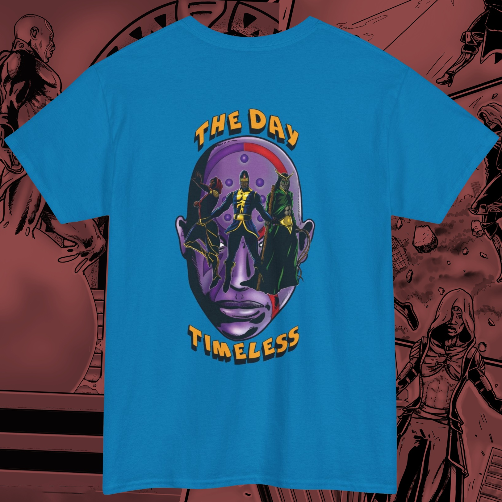 The Day Timeless Comic tee printed on sapphire back view
