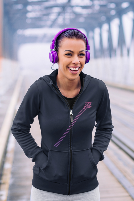 Trendy women hoodie with pink stripes, zip-up, black and navy design, streetwear style