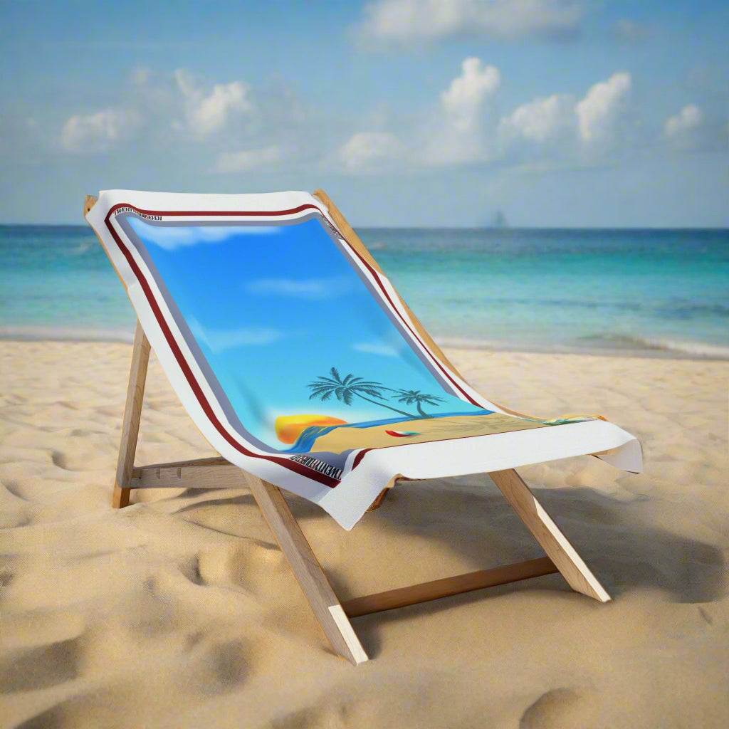 Tropical Beach Towel with Palm Trees and Sunset by 24/7 Unique Designs on sunbed