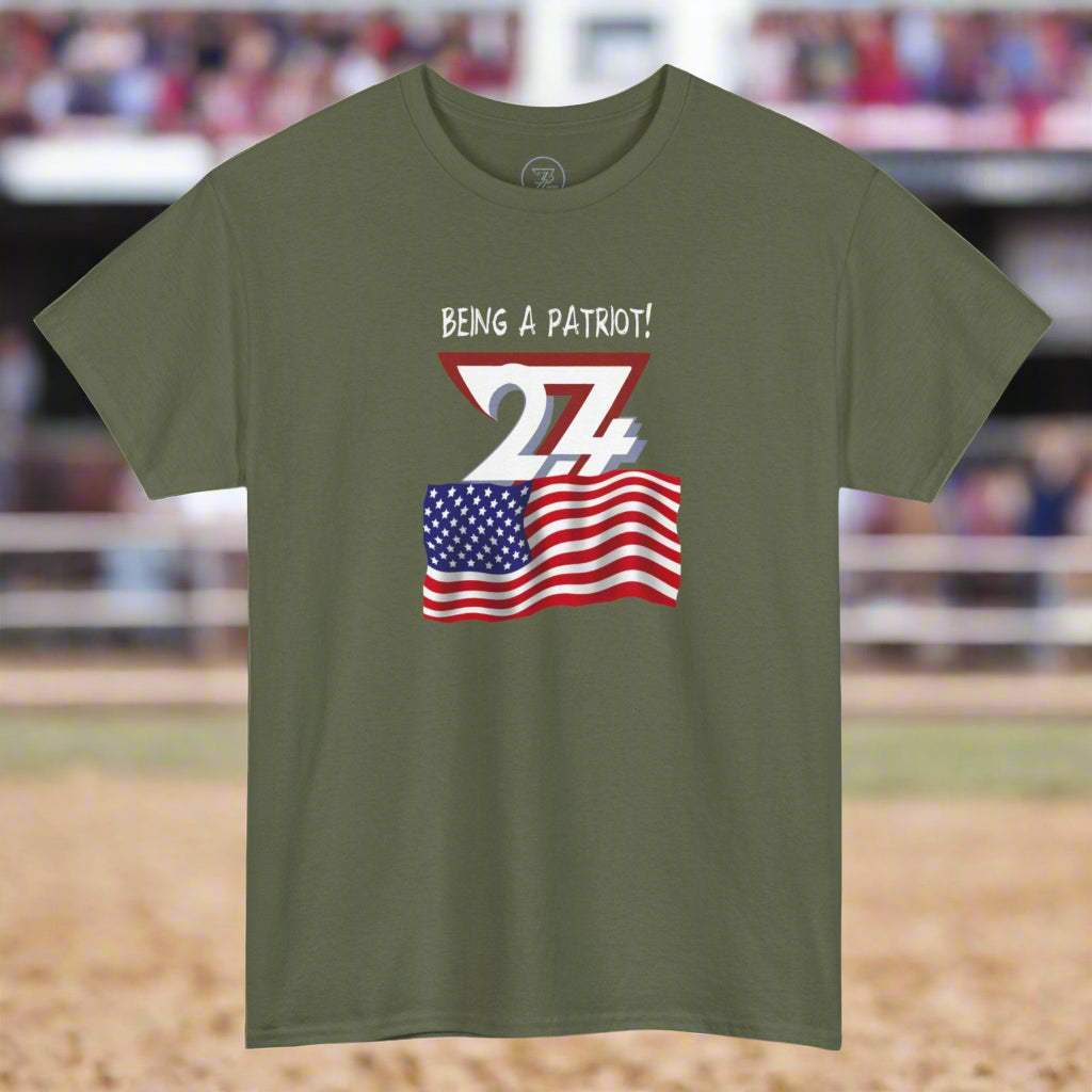 US Patriot T-shirt with July 4th American flag illustration on olive green fabric