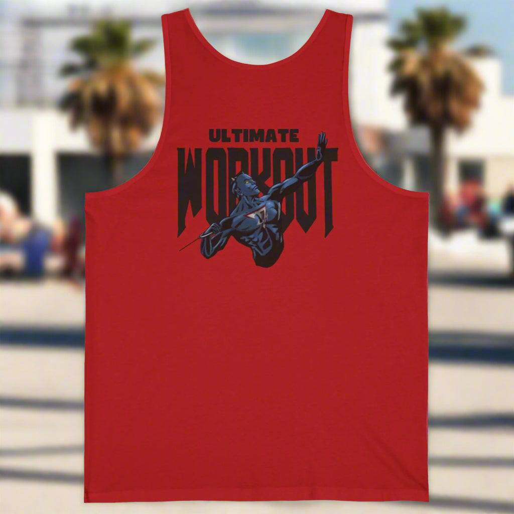 Red Ultimate Workout Tank with athletic graphic and bold text on back, breathable and casual gym wear.