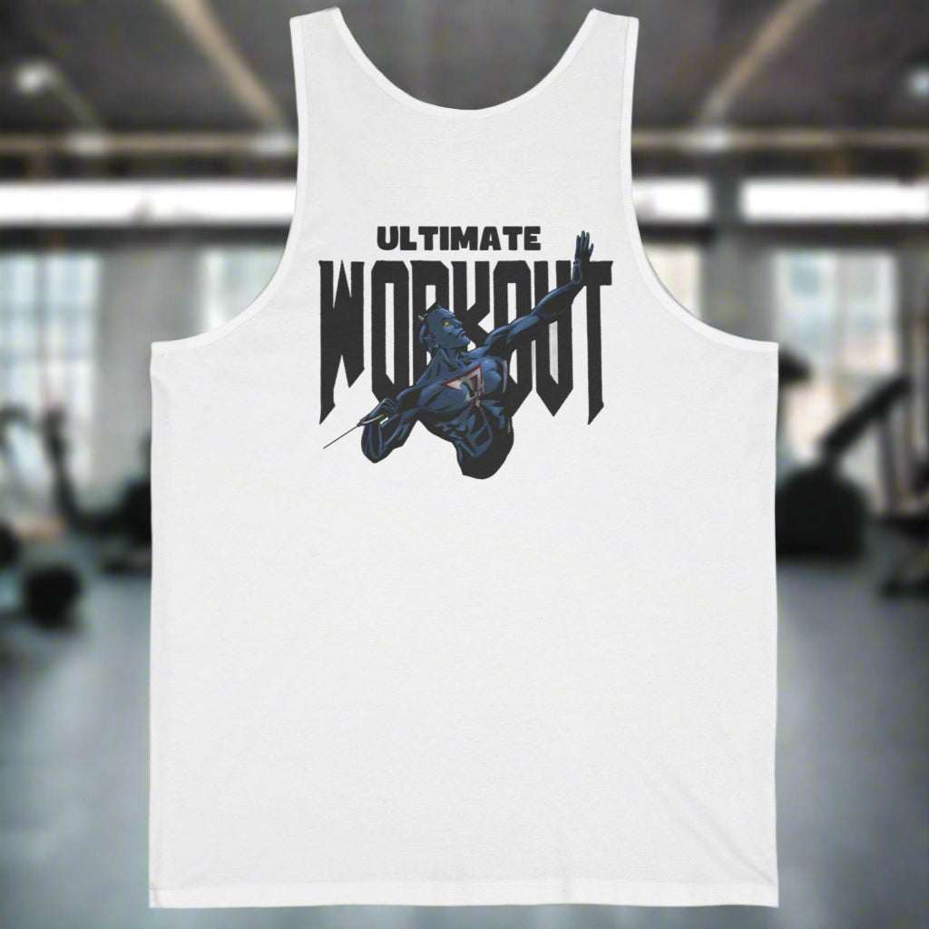 White workout tank top with "Ultimate Workout" text and graphic illustration on the back, designed for fitness and casual wear