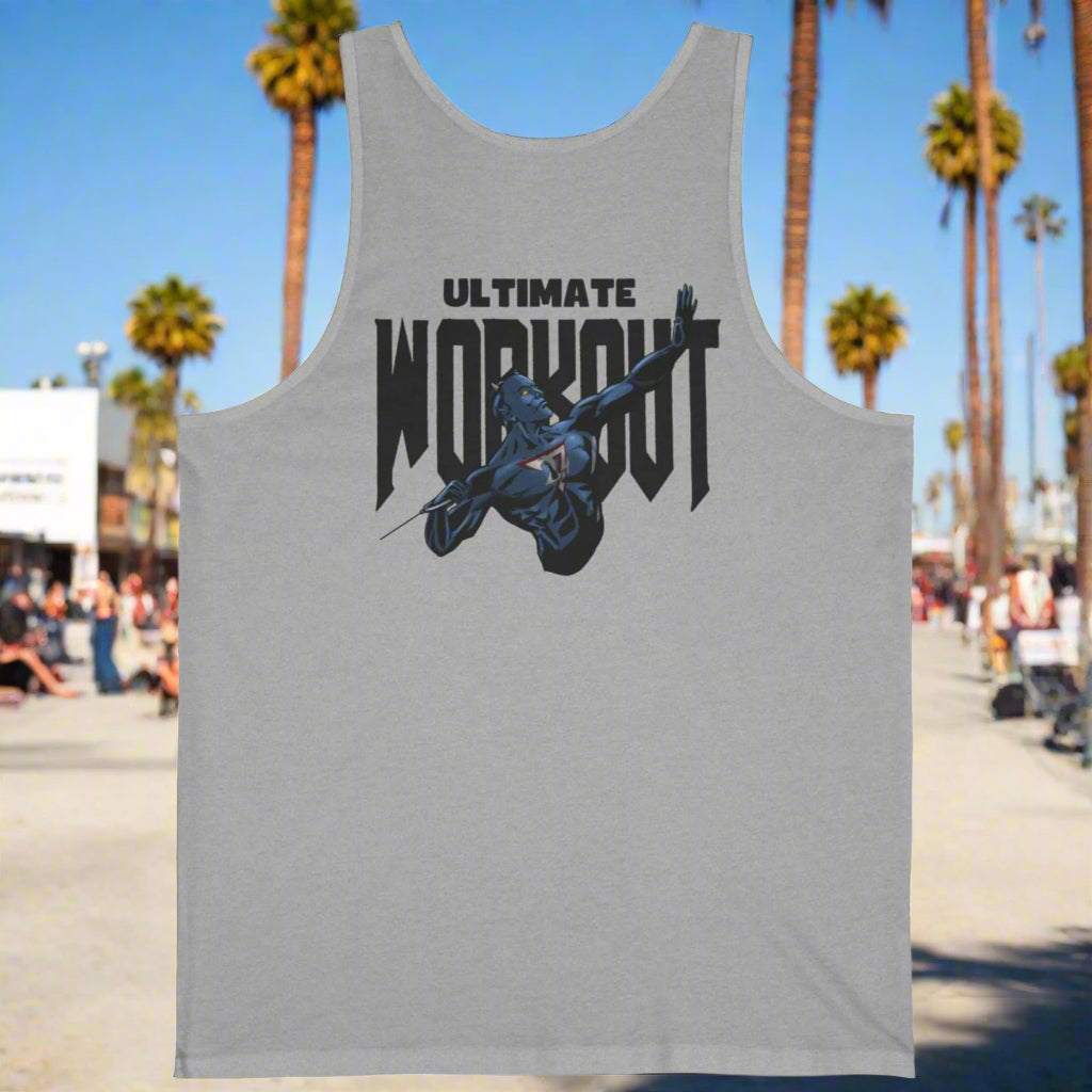 Grey ultimate workout tank top featuring a dynamic athlete illustration and bold "WORKOUT" text, designed for gym and casual wear.