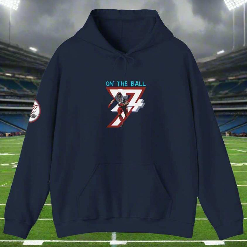 navy blue american football hoodie with hand-drawn player design and "ON THE BALL" text, kangaroo pocket and adjustable hood, perfect for sports fans and casual wear