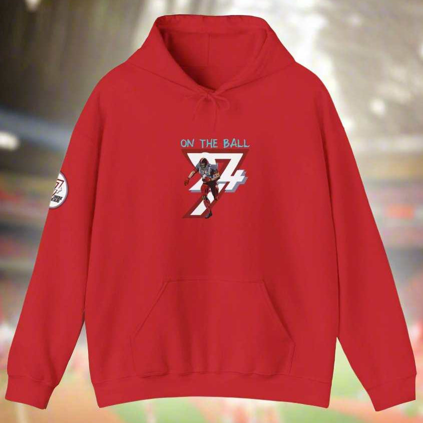 Red american football hoodie with hand-drawn design and kangaroo pocket