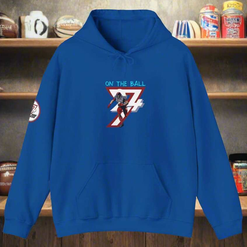 blue american football hoodie with hand-drawn player design and kangaroo pocket