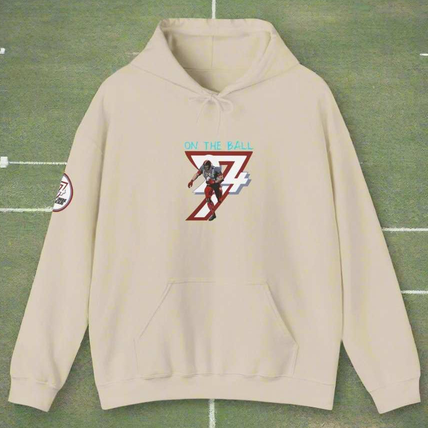 beige american football hoodie with hand-drawn design and kangaroo pocket