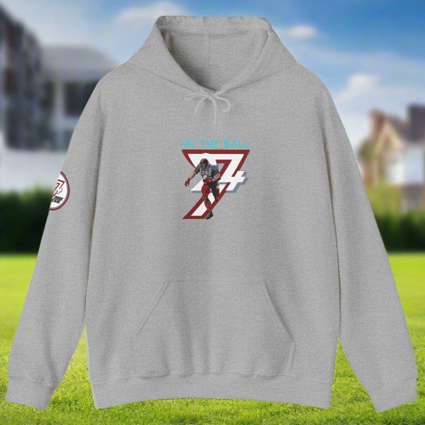 gray american football hoodie with hand-drawn player design and kangaroo pocket