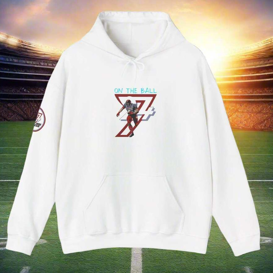 white american football hoodie with hand-drawn design and kangaroo pocket on football field background