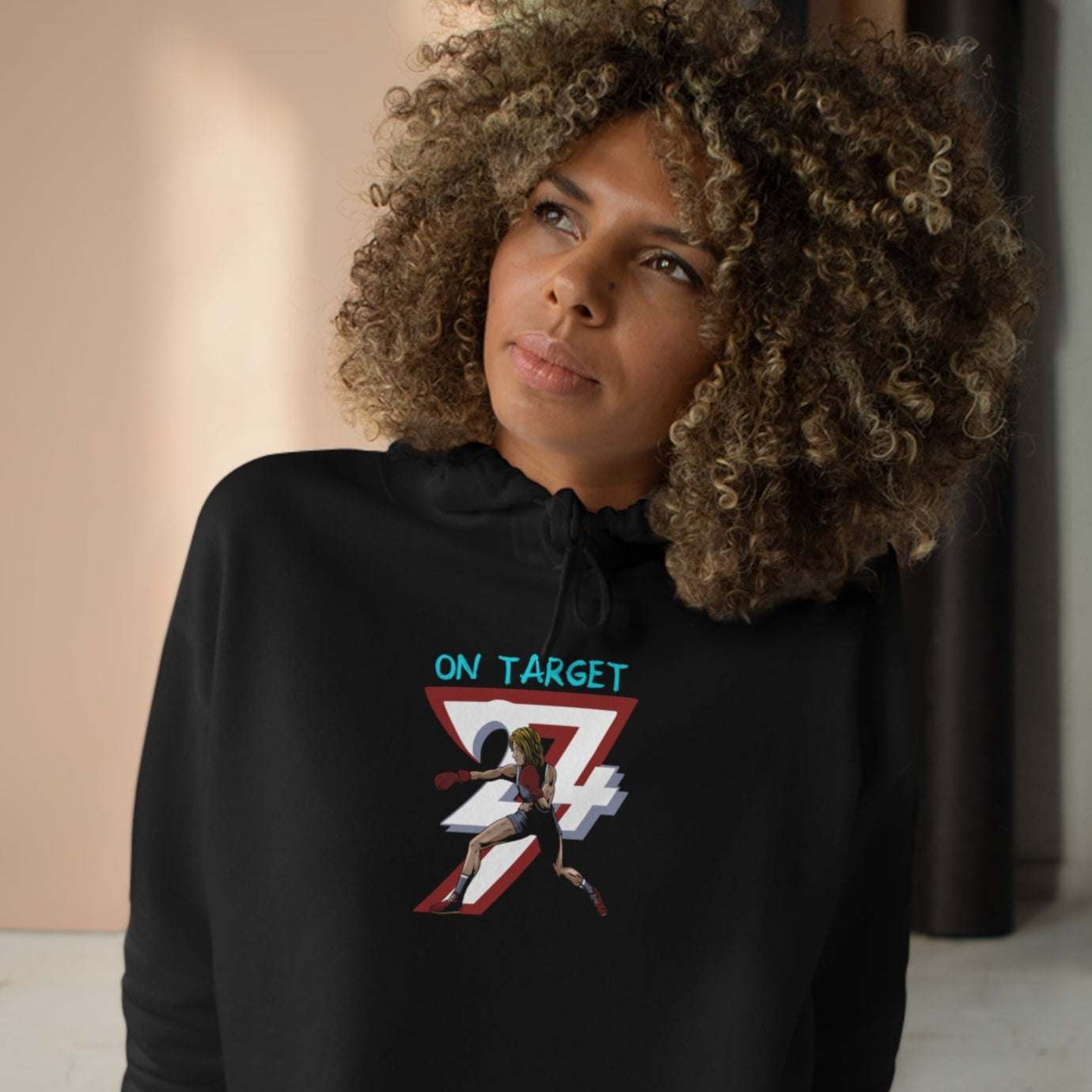 Unique Design Woman Boxer illustrated crop hoodie black with person