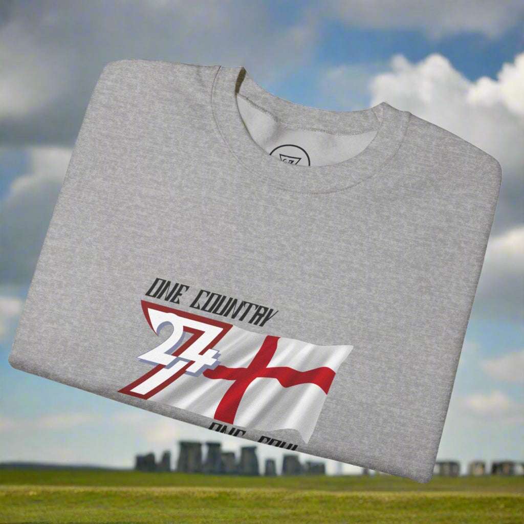 Gray England sweatshirt featuring a unique England flag design with "One Country One Soul" slogan, made of cotton-polyester blend, suitable for sports and casual wear.