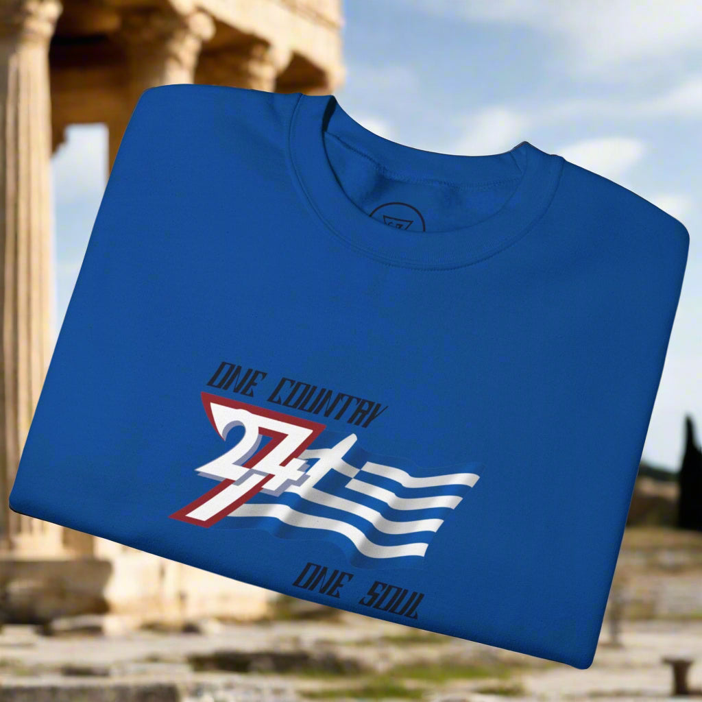 Unique blue t-shirt with the flag of Greece by 24/7 Unique Designs