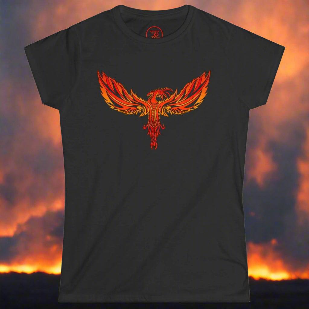 Women's black Phoenix Tee with vibrant orange and red fiery phoenix design, perfect for parties and everyday wear.