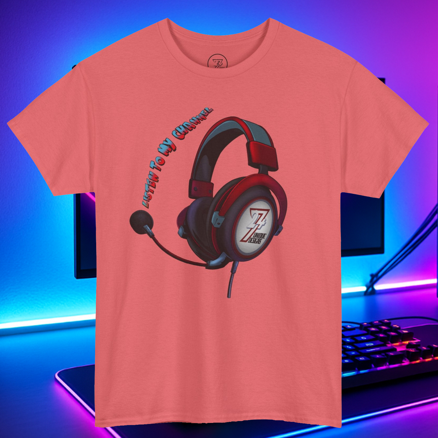 Custom t-shirt with headphone design and "Listen To My Channel" slogan for content creators