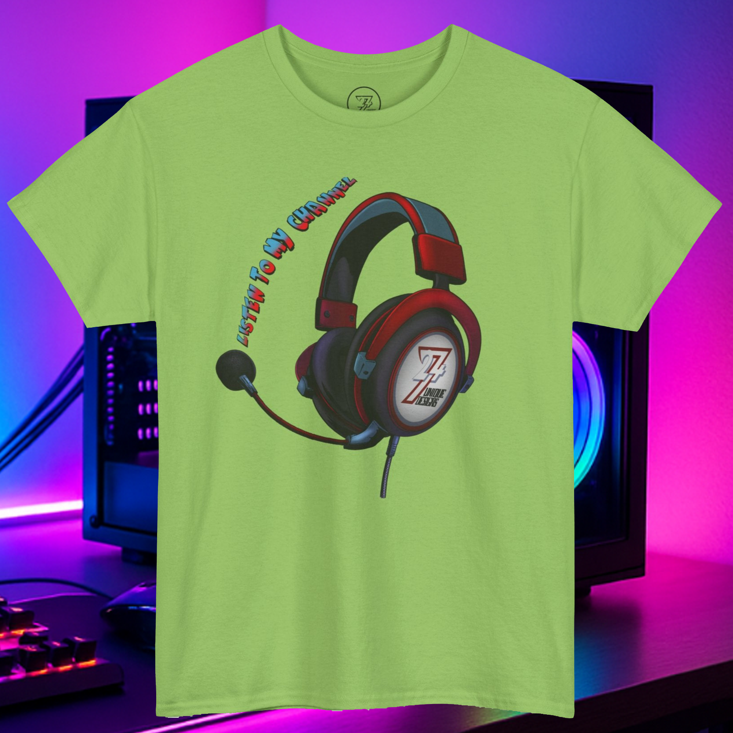 Green custom t-shirt with a red and black headphone graphic and "Listen to My Channel" text design