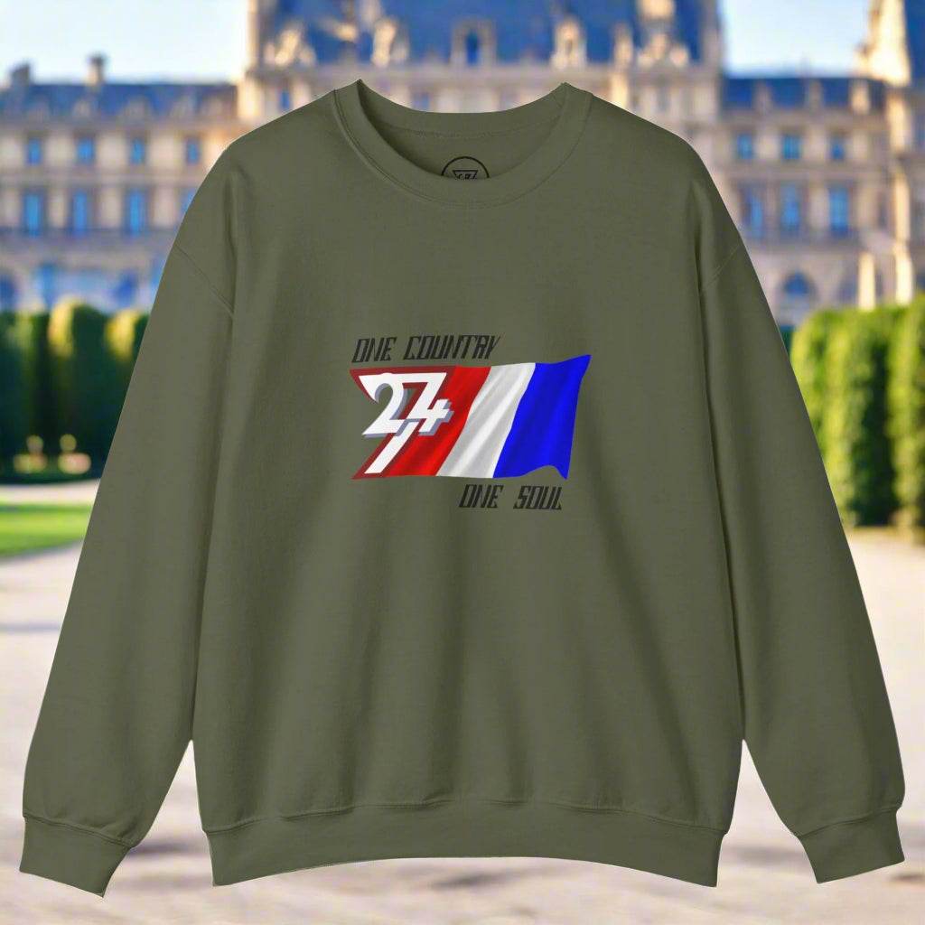 Unisex olive green sweatshirt featuring a hand-drawn France flag graphic with text "One Country One Soul" for patriotic wear
