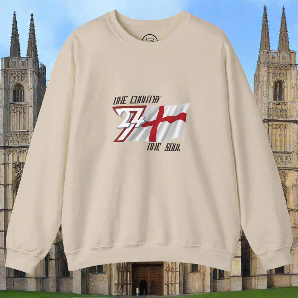 Cream England sweatshirt with unique England flag design and slogan One Country One Soul, crew neck, long sleeves.