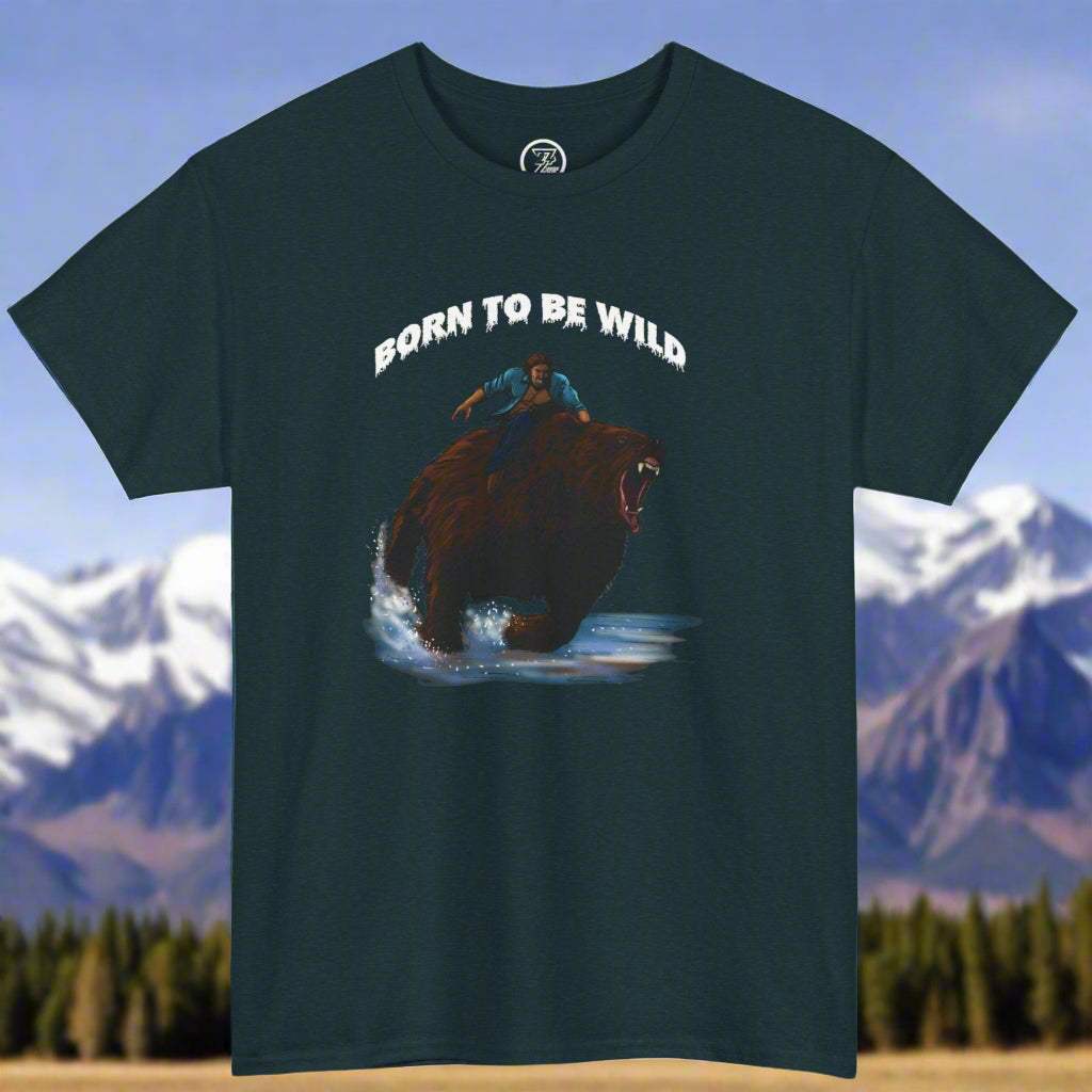 Vintage Bear Tee with comic style bear illustration and "Born to be Wild" text on black cotton fabric.