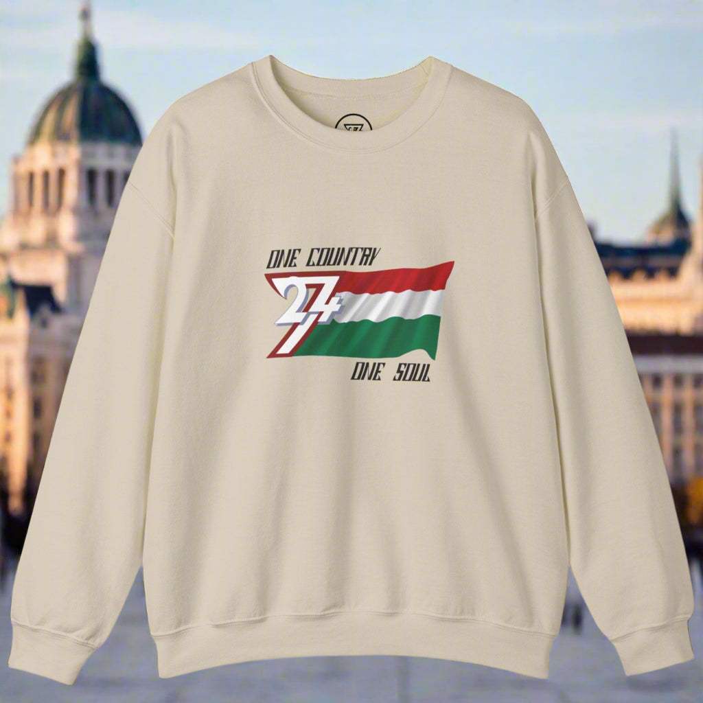 Unisex beige sweatshirt featuring Hungary flag design with "One Country One Soul" text, made from cotton-polyester blend, suitable for colder weather and sports events.